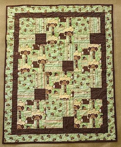 Baby Quilt Homemade Green Brown White w/Monkeys 36" x 45"