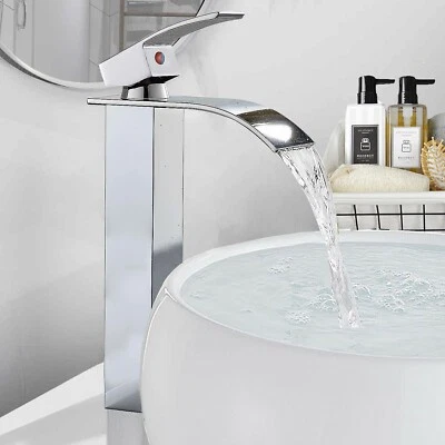 ALENARTWATER Waterfall Bathroom Tap High Rise Tall Basin Mixer Tap Chrome Square Single Lever