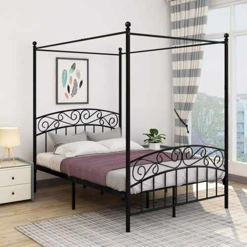 Full Size Black Metal Canopy Bed Frame, How To Put A Headboard And Footboard Together