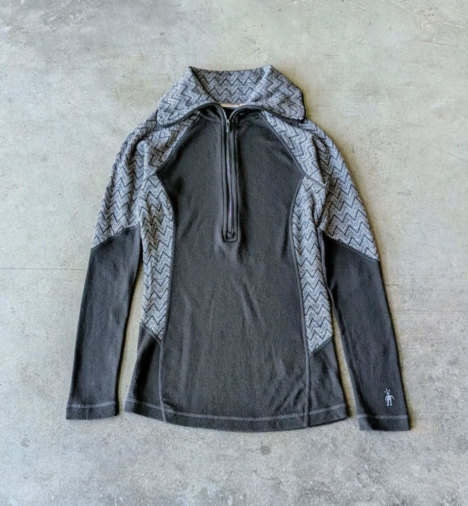 Smartwool Merino Wool Half Zip Black Gray Patterned Long Sleeve Top small