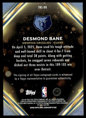 2025-26 Topps Notch Signatures Desmond Bane Auto Memphis Grizzlies