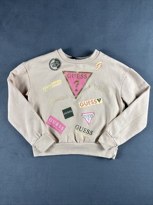 Guess Kids Girls Logo Sweatshirt Beige Pink Graphic Crew Neck Size S 7-8