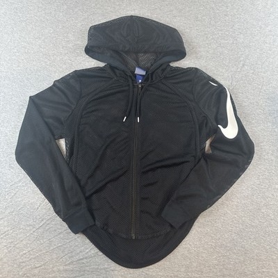 Nike Mesh Hoodie Jacket Womens M Black Logo Hood Full Zip Athletic Athleisure