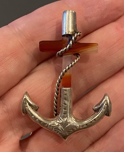Stunning Antique Sterling Agate Anchor Brooch 4.41gr - Picture 7 of 8
