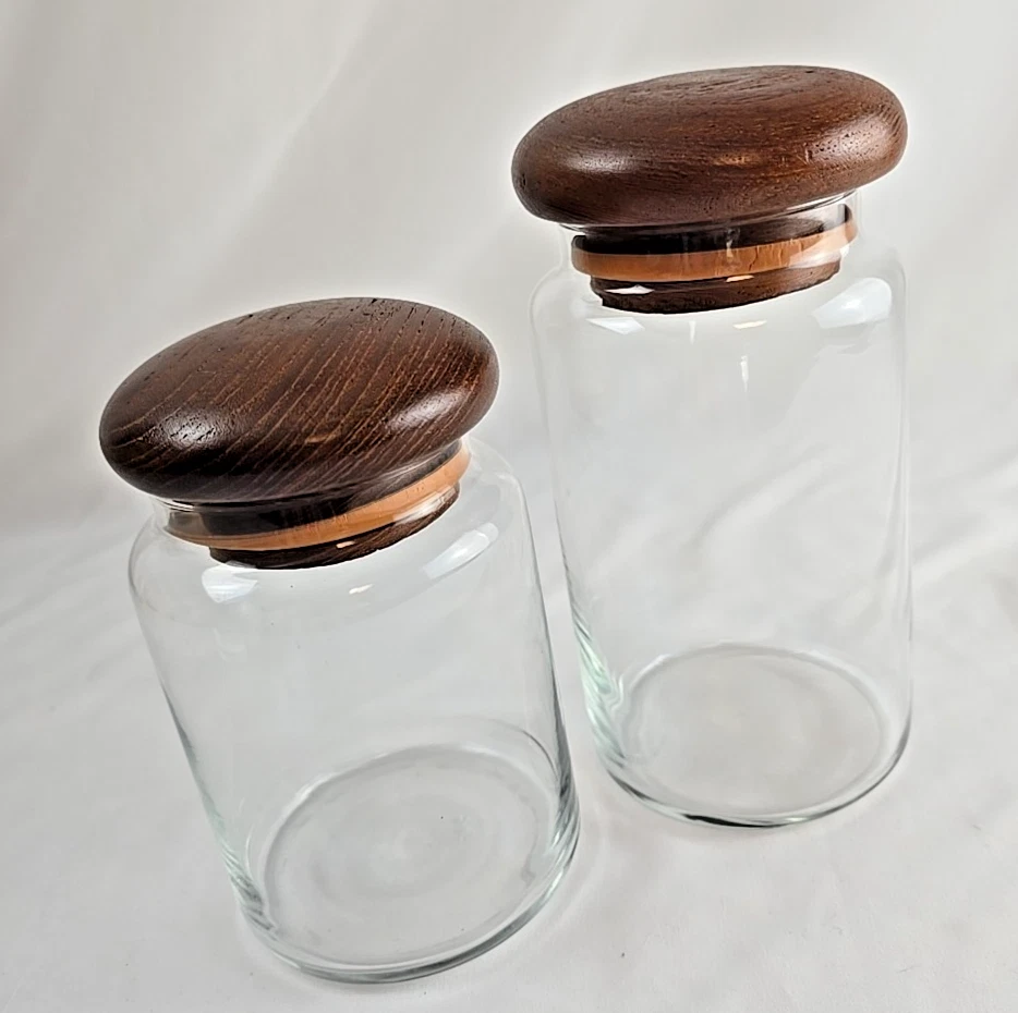 Vtg Danish Style Canister Jar Set 2 Solid Wood Lid & Clear Glass Mushroom Shape
