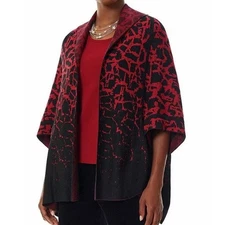 Ming Wang Jacquard Knit Shawl Collar Kimono Sleeve Open Cardigan Red L/XL