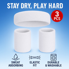 White Sweatband Set Headband Wristbands Cotton Elastic Sports Gym Tennis Yoga