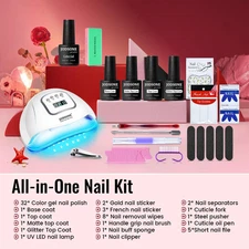 32 Color Gel Nail Polish Kit with UV Light - Includes 4 Nail Glues & Manicure To