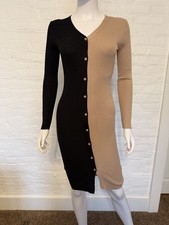 Black Beige Colorblock Ribbed Knit Button Bodycon Dress V-Neck Long Sleeve