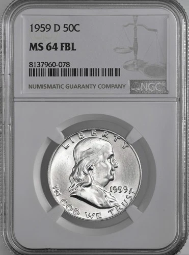 1959-D 50C FRANKLIN SILVER HALF DOLLAR FULL BELL LINES NGC MS64 FBL #8137960-078