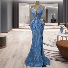 Beaded Stones Crystal Prom Dresses Blue 3D Leaves Slit Mermaid Formal Evening