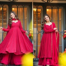 Latest New Red Blooming Georgette Kurta Palazzo With Dupatta For Women