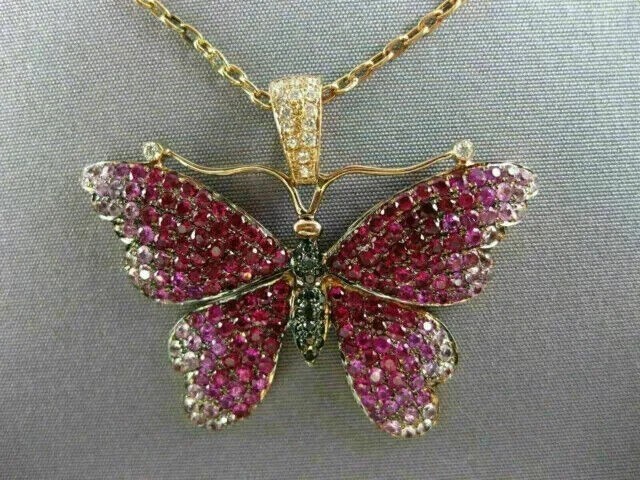 Antique Style Butterfly Created Ruby Diamond Pendant 14K Yellow Gold Plated 18