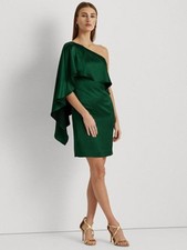 NWT Lauren Ralph Lauren One Shoulder Sheath Dress 14 Satin Emerald Green