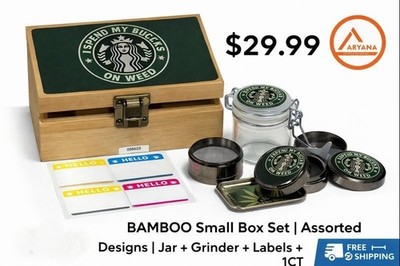 BAMBOO Small Box Set | Assorted Designs |Jar +Grinder + Labels + Mini Tray | 1CT