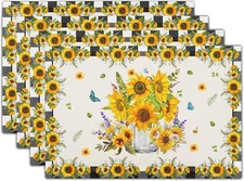 Sunflower Linen Placemats Set of 4 12x18 Inch Summer Floral Black and White C...