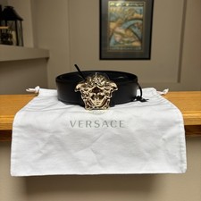 Versace Black & Gold Leather Medusa Belt - 65 CM / 26" - $500 - New - Authentic