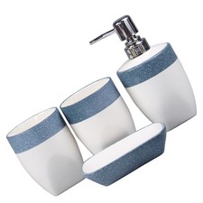Blue Ceramic Bathroom Soap Dispenser Organizer Tray Set Four Piece Combo