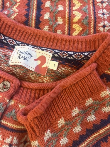 Country Rose Fair Isle Kardigan Rozmiar L Pasuje do UK 16 18 Wiosenna wełna Dzianina Scandi - Zdjęcie 3 z 24
