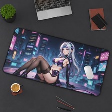 Cyberpunk Anime Waifu XL Gaming Desk Mat 32x16 Neon City Mouse Pad Large
