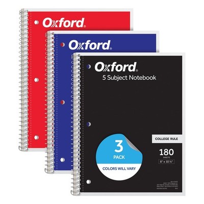 Oxford Spiral Notebooks, 3 Pack, 5 Subject, College (Pack of 3), Assorted
