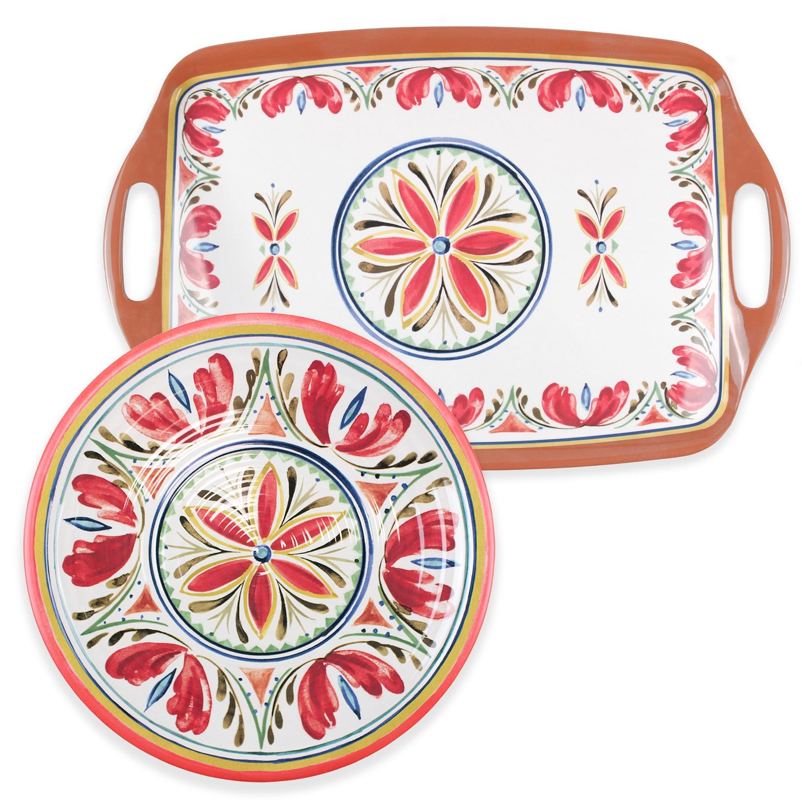 Purely Home Mediterranean Melamine/Plastic Tea Tray & Round Platter Serving Set