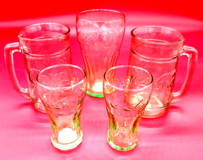Vintage Coca Cola Green Glass Mugs Embossed 5 1/2'' Libbey Green Glass 4'' & 6''