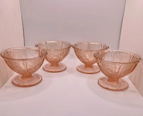 Jeannette Pink Cherry Blossom 2.75” Tall Sherbet Glasses W/Round Foot Set Of 4