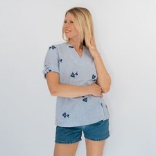 White Stuff Top Blue Womens Cotton Stripe Floral Embroidered Shirt V-neck Summer