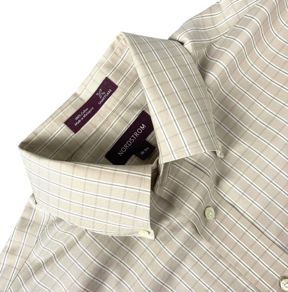 Camisa Nordstrom SMARTCARE LS Para Hombre Grande 16-33 100% Algodón Tostado Blanco Cuadros Foto 2 de 4