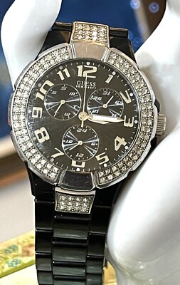 Guess U1162Ll4 Black Band Dial Clear Rhinestones Silver Tone 