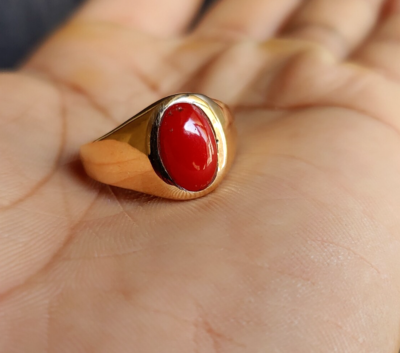 Rose Gold Red Coral Ring 925 Silver Men's Coral Ring Handmade