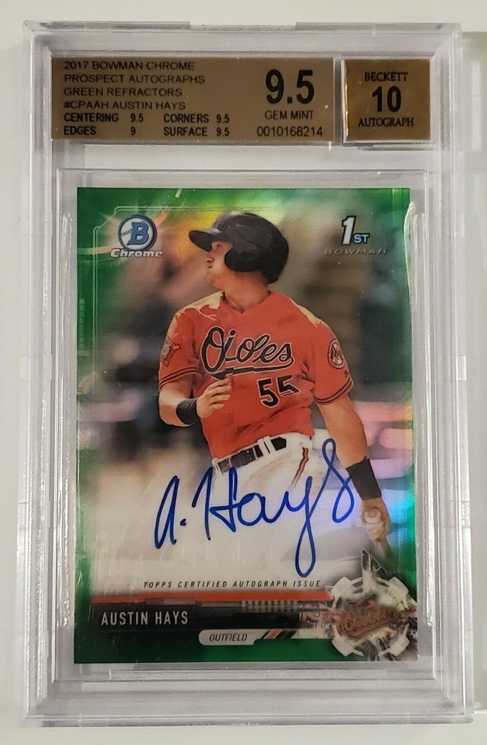 2017 Bowman Chrome Green Ref. Austin Hays Autograph RC 72/99 BGS 9.5 w/10 Auto
