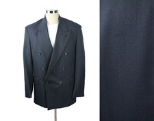 Double Breasted Blazer 40L Vintage Dark Blue Wide Pinstripe Wool Blend Jacket