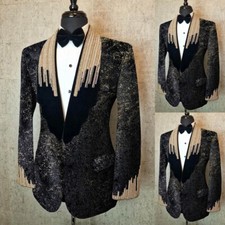 Black Gold Jacquard Suit Jacket Shawl Lapel Single Breasted for Graduation Wear