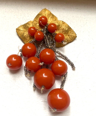Early 1930s-40s Miriam Haskell Brooch - Red Orange Coral Beads
