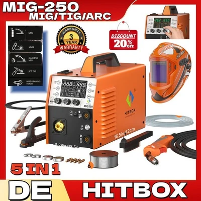 NEU HITBOX Digital-Schweißgerät 5in1 250A Alu MIG/Flux Core IGBT+Schweißerhelme - Bild 1 von 4