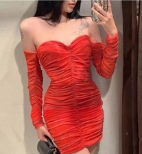 Zara Red ruched Off-Shoulder bodycon Dress