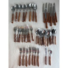 Vintage MCM 49 Pc Stainless Taiwan Wood Handle Flatware Silverware Cottage Ranch