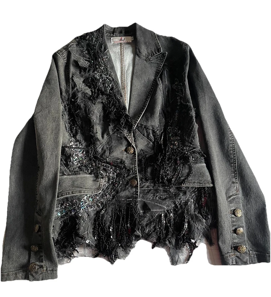 VTG Rossi Roma Women's L Blazer Denim Jacket Italy Fringe Sequence Beaded  Artsy - Image 4 of 4