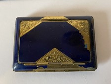 Vintage Cigarette Compact Card Case Cobalt Blue Enamel Art Deco Silver Tone  