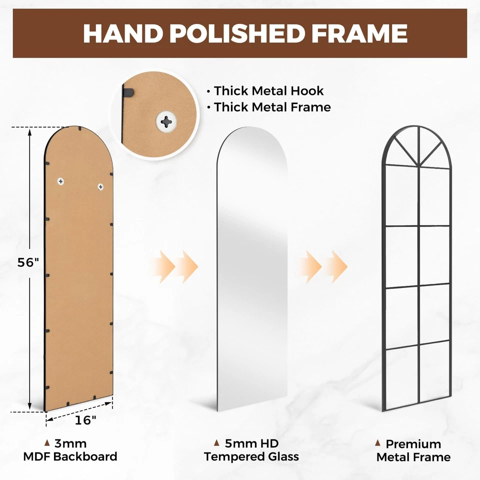 Arched Full Length Window Mirror, 16x56 Windowpane Body Mirror with Metal Fra... - Image 2 of 4