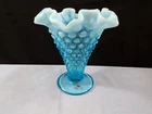 Fenton Blue Opalescent Hobnail Glass Fluted Cone Shaped Vase 5 1/2" Tall INV6