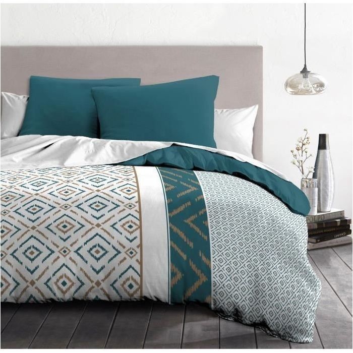 Linge de lit parure de couette microfibre 220x240 motif géométrique chic