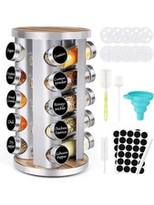 20 Jar Rotating Spice Rack Organizer Glass Jars Labels Stainless Steel Wood