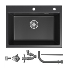 HOROW Single Bowl Black Granite Kitchen Sink, includes Siphon Tube Set 