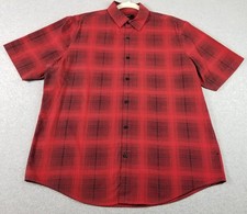 ALFANI Button Up Shirt Men  s Large L Black Red Plaid Short Sleeve Textured Woven