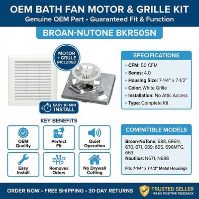 Broan NuTone Upgrade 50 CFM Bath Fan Motor & Grille Replacement Kit | BKR50SN