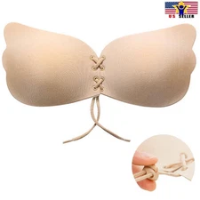 Strap Backless Push up Wing Corset Drawstring Tie Adjustable Black Sticker Bra ~