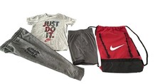 Boys Nike Set Size 7 Gray Red T-Shirt Shorts Pants Drawstring Bag